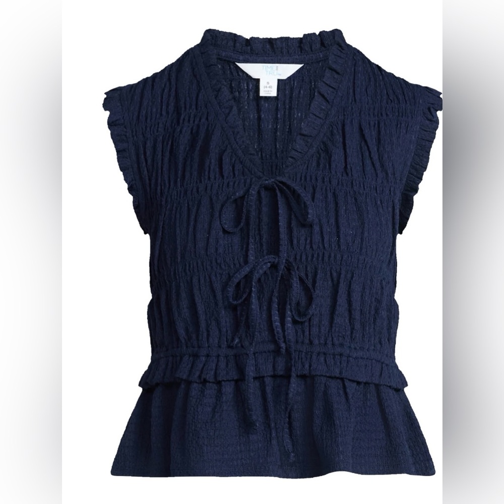 NWT Time and Tru Textured Tie Front Peplum Top XXXL 22 Dark Navy